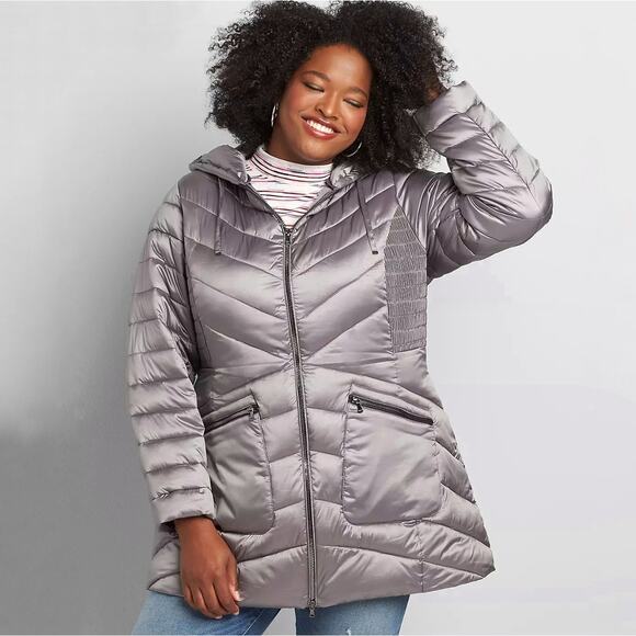 Lane Bryant Shirred Side Packable Puffer Jacket Coat Zip Front Hooded Size 18/20 - Picture 1 of 11